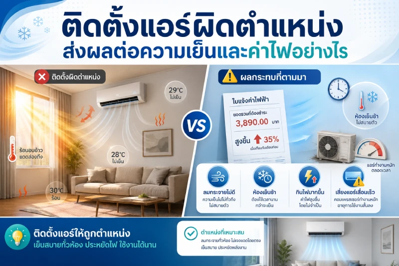 ติดตั้งแอร์ผิดตำแหน่ง ส่งผลต่อความเย็นและค่าไฟอย่างไร