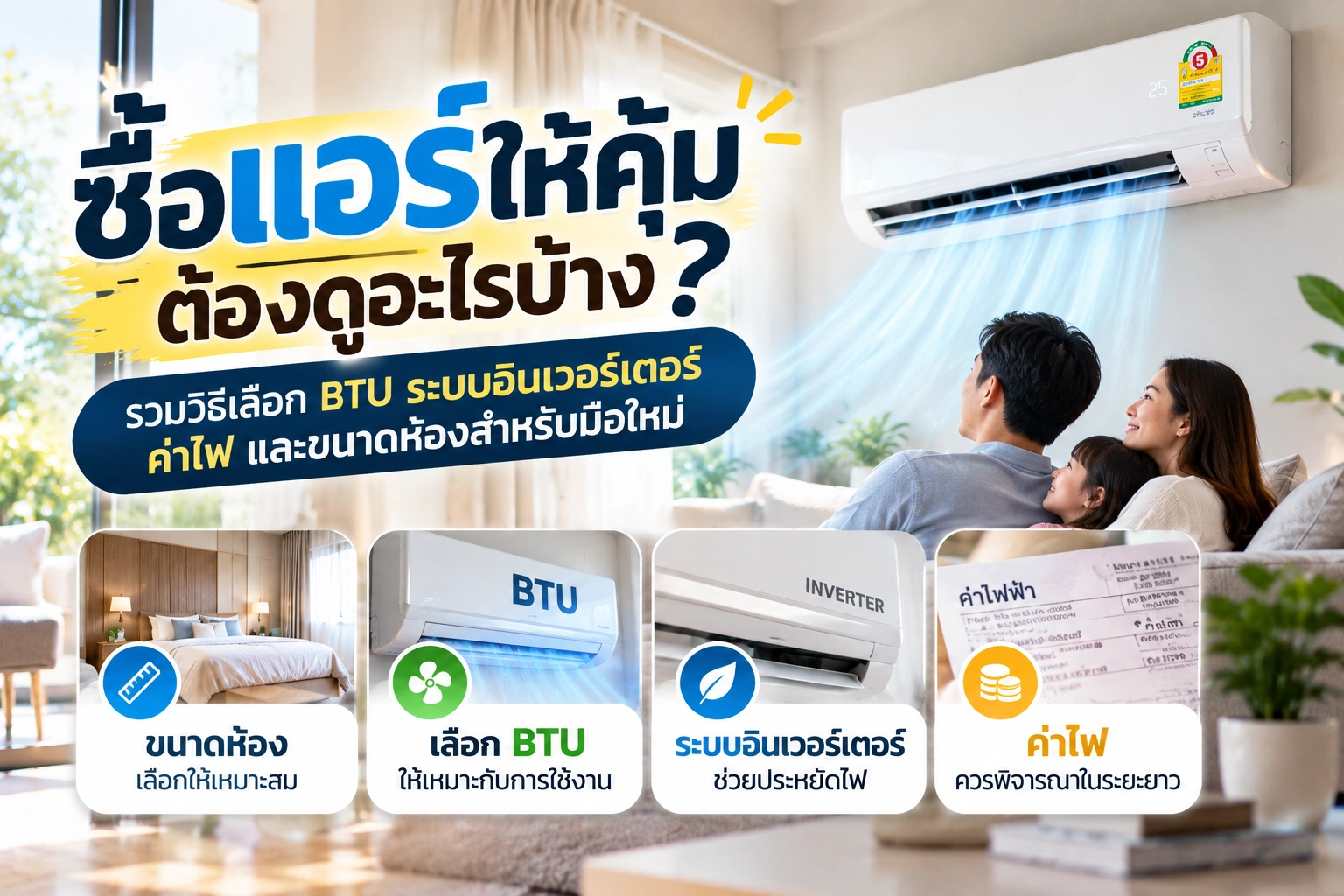 ซื้อแอร์ให้คุ้ม ต้องดูอะไรบ้าง? รวมวิธีเลือก BTU ระบบอินเวอร์เตอร์ ค่าไฟ และขนาดห้องสำหรับมือใหม่